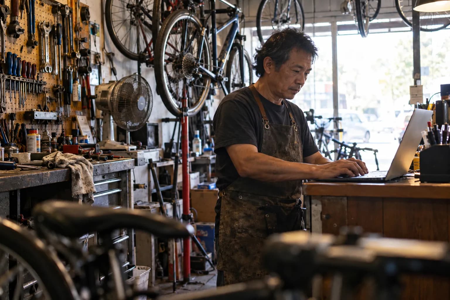 A bike-shop owner working on a laptop at his counter on a sunny afternoon
