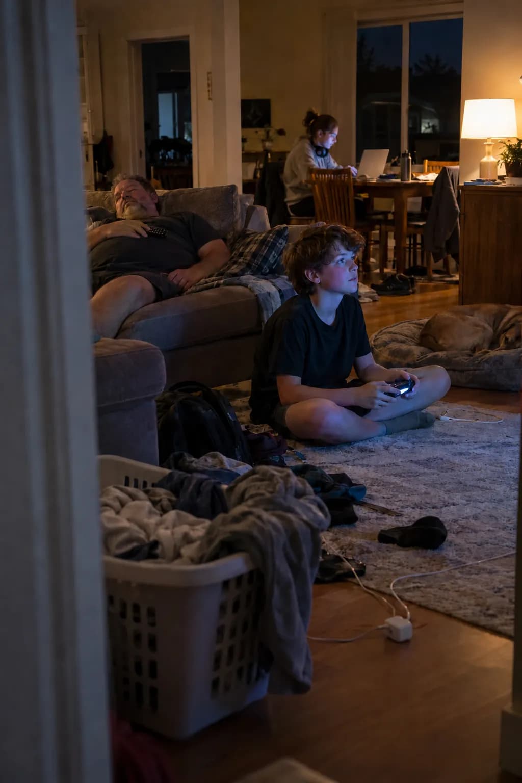 A boy plays a video game on the living room floor while his dad sleeps on the couch and his sister does homework at the table