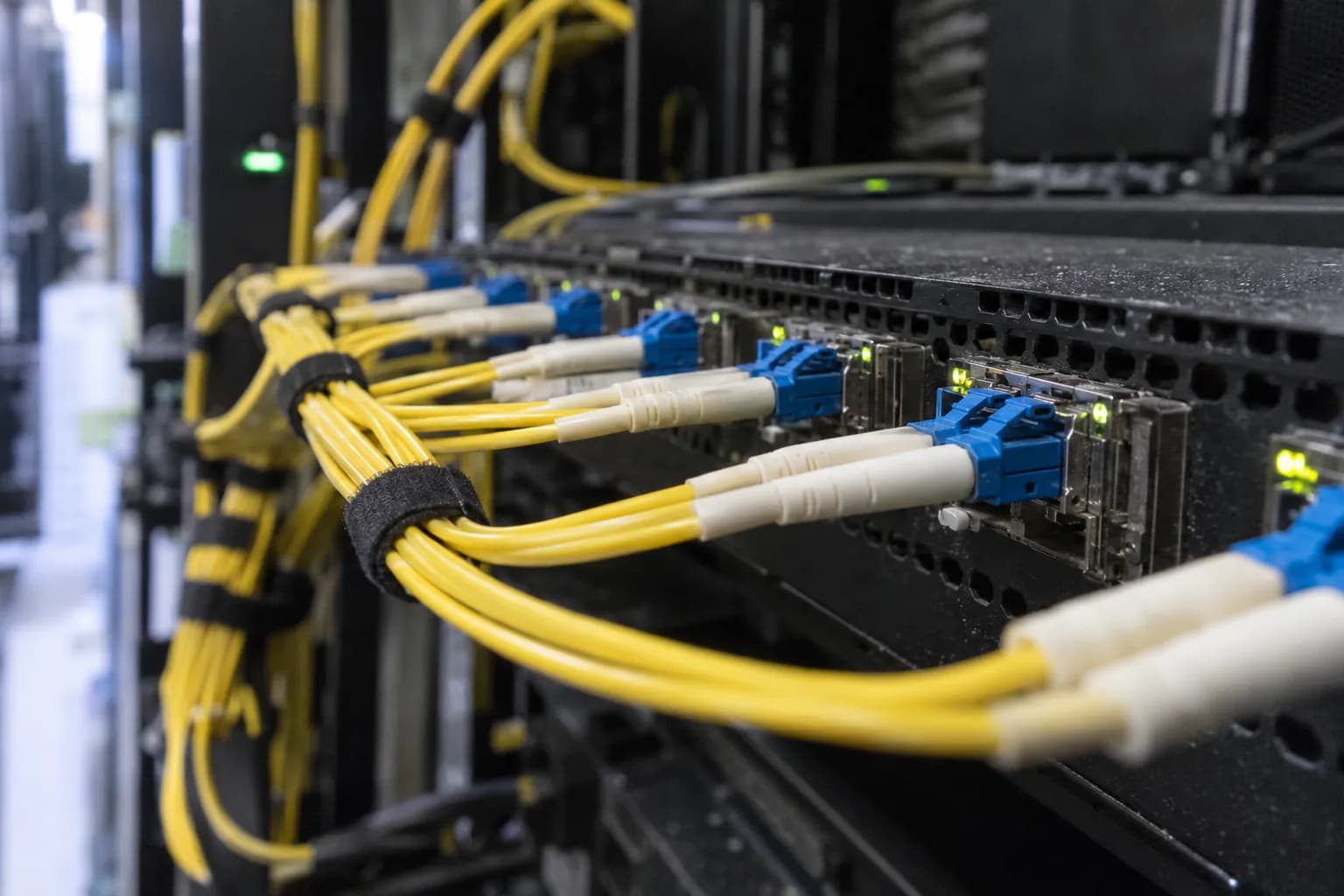 Yellow fibre patch leads plugged into a router in a data centre rack